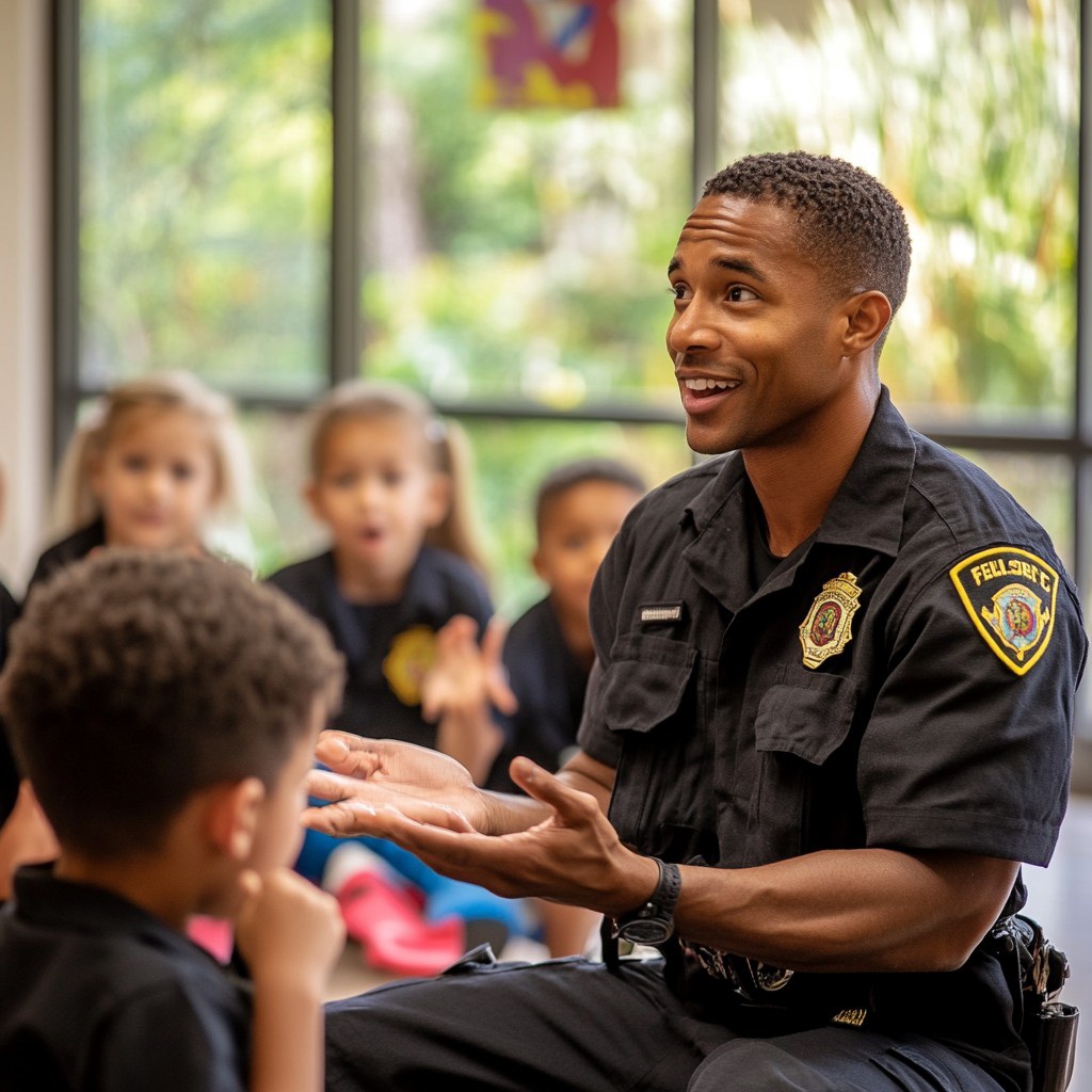 A police officer engages with a group of children in a classroom setting, discussing important topics with gestures and enthusiasm